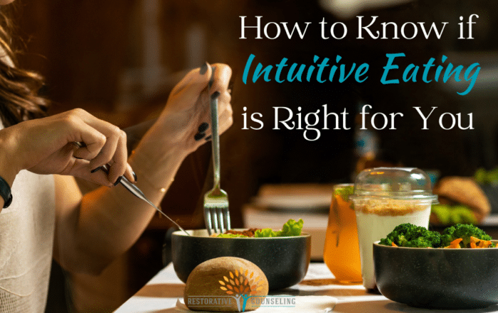 Woman using a fork and knife to eat food out of black bowl. end id