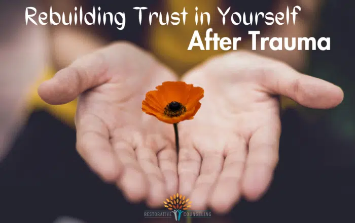 Hands holding an orange flower with the words rebuilding trust in yourself after trauma. end id
